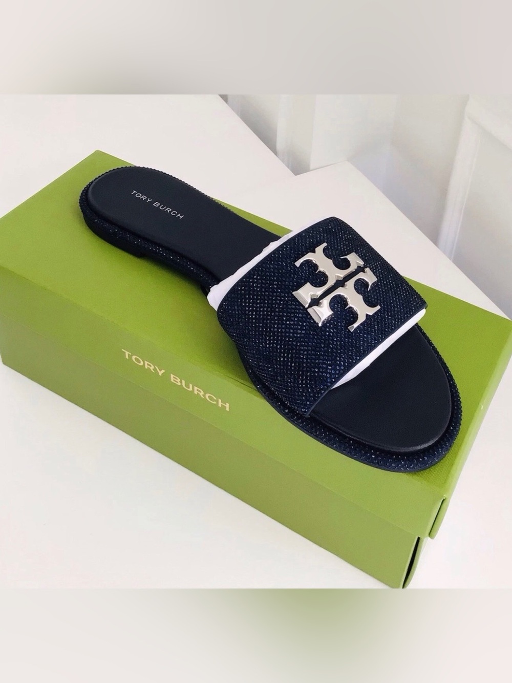 Tory Burch Everly Slide Leather Rhinestones Sandals-Navy New In Box